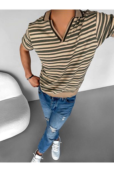 ablukaonline Μπεζ Πράσινο Ανδρικό μπλουζάκι Oversize - Μισόπατι γιακά, Διχτυωτό
