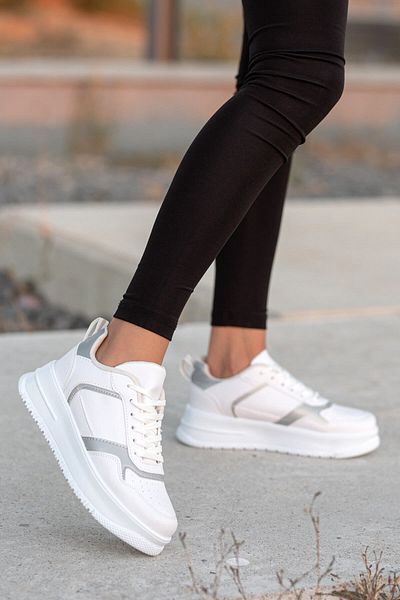 Ccway Pantofi sport de damă cu șireturi alb argintiu