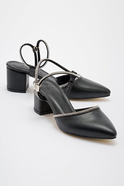 Ccway Stone Detail Women's Heeled Shoes Black Skin