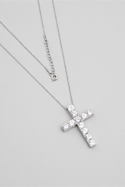 So CHIC... Beyaz Taşlı 18 Ayar Beyaz Altın Kaplama 43 Cm Gümüş Haç Kolye
