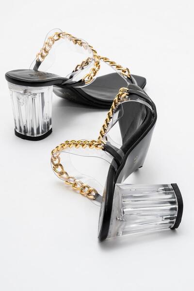 Ccway Γυναικείες παντόφλες με διάφανη αλυσίδα με τακούνι ΜΑΥΡΟ ΔΕΡΜΑ