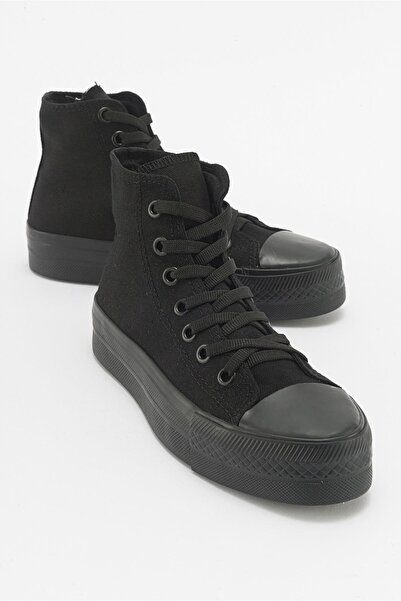 Ccway حذاء رياضي نسائي طويل من الكتان ذو نعل سميك أسود