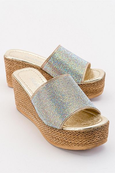 Ccway Single Striped Women's Wedge Heeled Slippers Gold