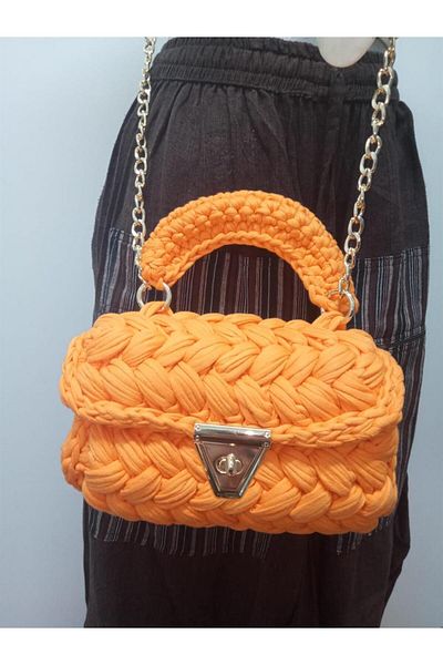Bohem Stil Geantă de umăr portocalie macrame, cu mâner lung și scurt, cu design special, lucrată manual