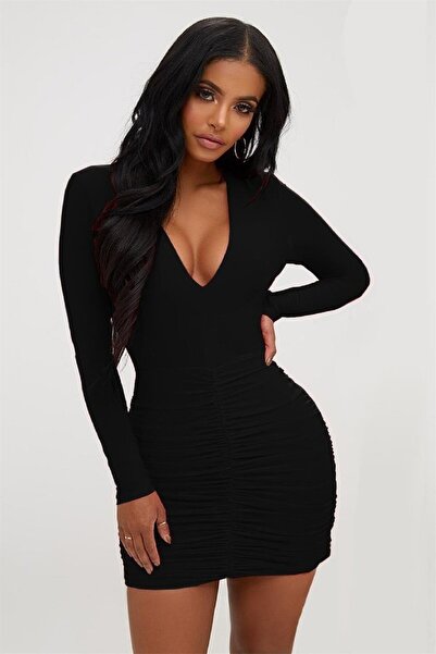 Eren Giyim Rochie mini cu mânecă lungă neagră Terry Pau