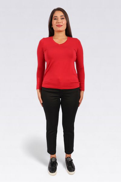 TOLGA SARAÇOĞLU 10432 Red V-Neck Long Sleeve T-Shirt