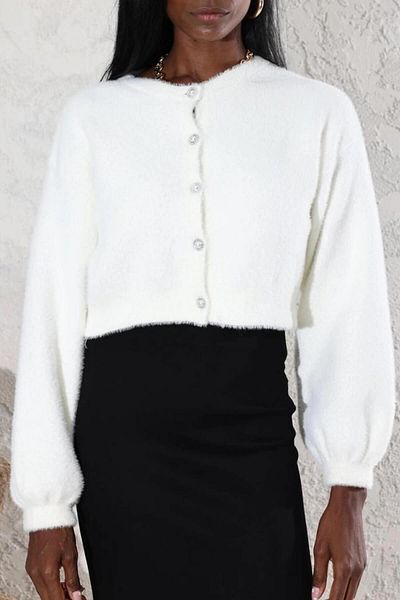 Ravencia Women's Off-White Pearl Stone Buttoned Soft Cardigan