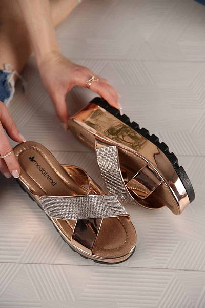 Ccway Women's Cross Banded Stone Slippers Copper Mirror