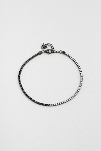 So CHIC... Siyah ve Beyaz Taşlı Rodyum Kaplama 21 Cm Unisex Gümüş Su Yolu Bil...