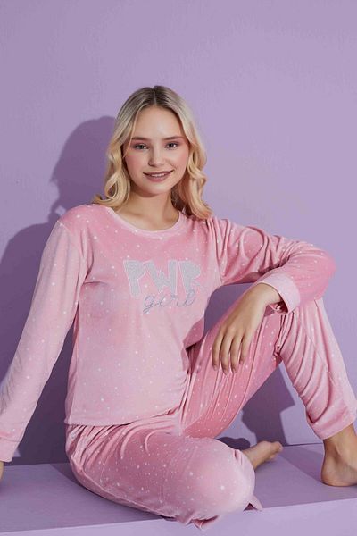 Tarık Women's Star Patterned Long Sleeve French Velvet Fabric Winter Warm Pajamas Set