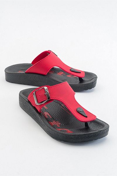 Ccway Women's Flat Slippers with Flip Flop Buckle Red