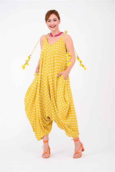 Bohem Stil Puantiyeli Patchwork Otantik Şalvar Tulum