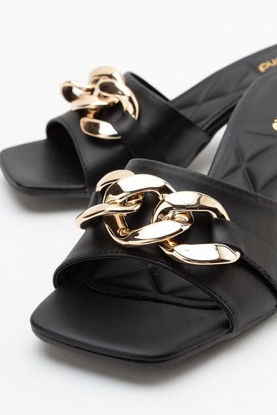 Ccway Γυναικείες παντόφλες με τακούνι με αλυσίδα ΜΑΥΡΟ ΔΕΡΜΑ