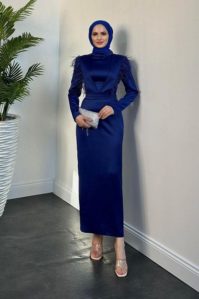 KaSheHa Μολύβι βραδινό φόρεμα Navy Blue Satin Adorle