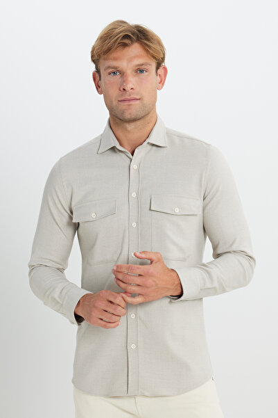 ALTINYILDIZ CLASSICS Erkek Bej Oxford Slim Fit Dar Kesim Klasik Yaka Çift Kapak Cepli Gömlek