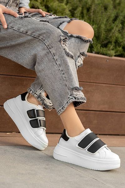 Ccway Pantofi sport cu velcro dublu de damă, alb, negru