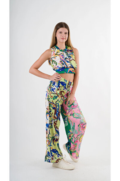 hazelin Green Pink Patterned Women's Blouse and Trousers Set - Hzl22S-Yy298