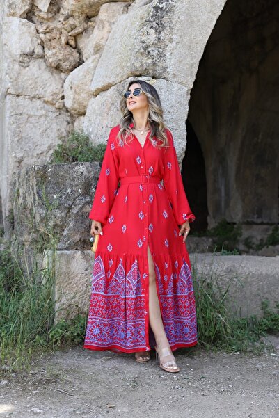 bytugcekaya Blue Patterned Red Belted Dress
