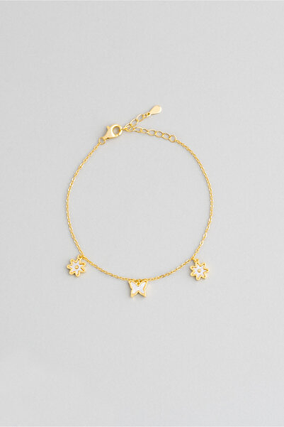 So CHIC... Çiçeği 18 Ayar Sarı Altın Kaplama 20 Cm Gümüş Minimal Bileklik