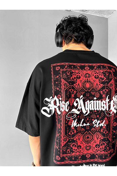 ablukaonline Red Men's Oversize Crew Neck and Pattern Printed T-Shirt