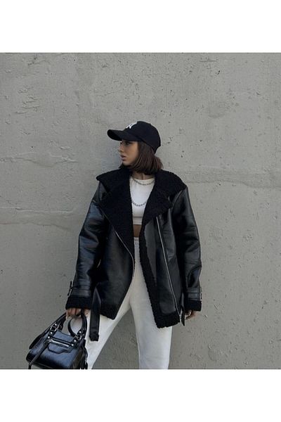 Kısmetin Butiği Women's Belted Fur Lined Leather Coat Coat