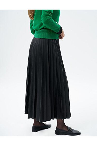 Kayra Fermuar Detaylı Suni Deri Piliseli Etek Siyah