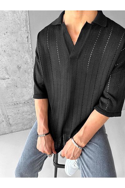 ablukaonline Tricou pentru bărbați, cu jumătate de plachetă, cu guler de cămașă, cu model, tricot supradimensionat, negru