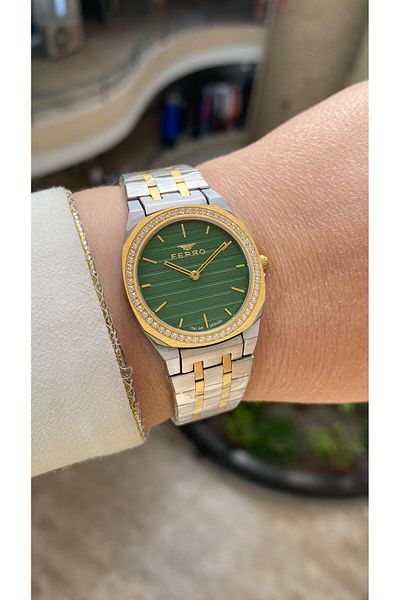 FERRO Quartz Steel Gold/Gray Green Dial 32 mm Women's Wristwatch (with Bracelet Gift)
