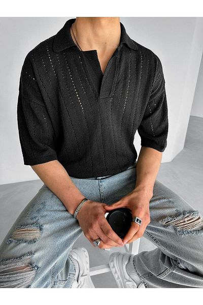 ablukaonline Tricou pentru bărbați, cu jumătate de plachetă, cu guler de cămașă, cu model, tricot supradimensionat, negru
