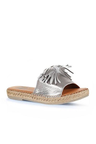Bueno Shoes Gümüş Parlak Deri Kadın Espadril Terlik 01wn3000