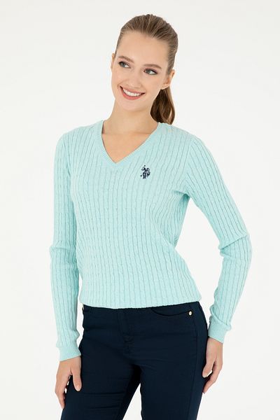 U.S. Polo Assn. سترة نسائية أساسية برقبة على شكل حرف V باللون الأخضر المائي 50293561 -VR253