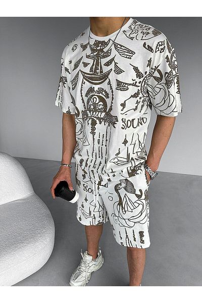 ablukaonline Λευκό ανδρικό μπλουζάκι Oversize - Ethnic Printed and Ανάγλυφο
