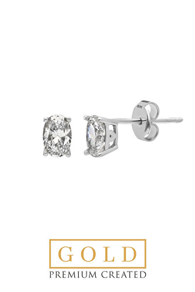 So CHIC... Beyaz Altın Sertifikalı Premium Created Taşlı 1.00 Ct Effect Oval Tektaş Küpe