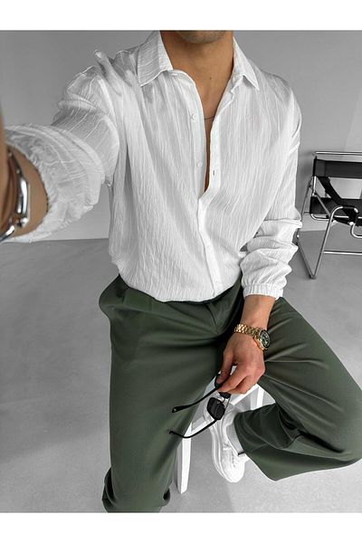 ablukaonline Ανδρικό μακρυμάνικο πουκάμισο Super Oversize Special Textured Λευκό