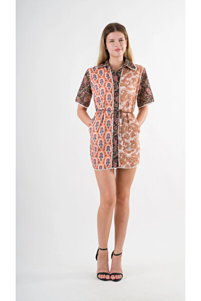 hazelin Καφέ κίτρινο σχοινί φόρεμα πουκάμισο με ζώνη - HZL24S-YY237