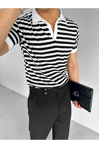 ablukaonline Ανδρικό πουκάμισο με μισό πατιλέτα γιακά ριγέ πλεκτό T-shirt μαύρο