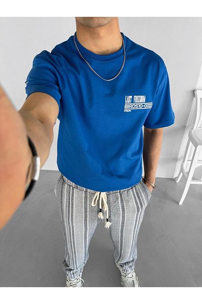 ablukaonline Μπλουζάκι Μπλε Ανδρικό Oversize Crew Neck 100% βαμβάκι