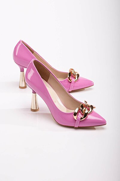 Ccway Pantofi de damă cu toc cu lanț PINK PATTERN