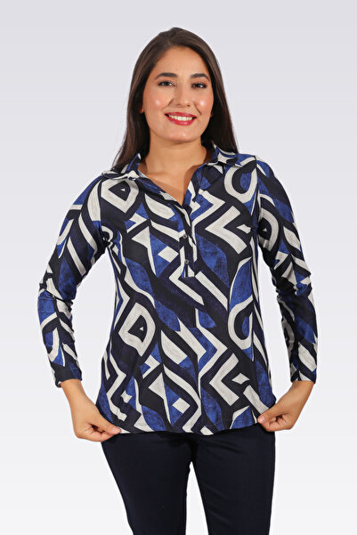 TOLGA SARAÇOĞLU 10933 SAKS POLO ΚΟΛΑΡ ΜΑΚΡΥΜΑΝΙΚΙ ΠΛΕΚΤΟ ΜΠΛΟΥΖ ΜΕ ΣΧΕΔΙΟ