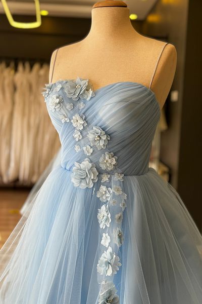 Lenta Moda Ice Blue Draped 3D Floral Gren Φούστα Μίνι Νυχτερινό και Πάρτι