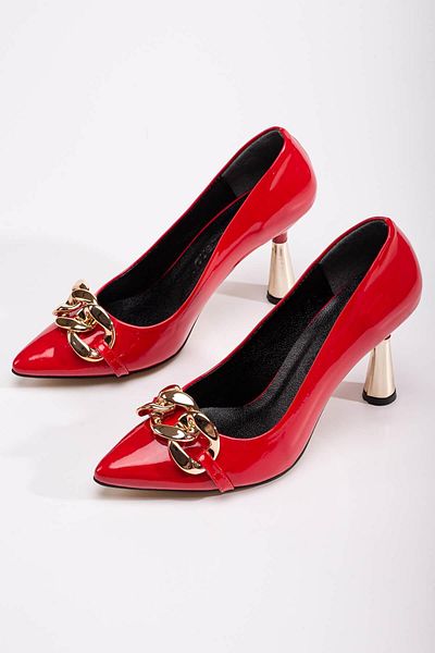 Ccway Women's Chain Heeled Shoes Red Patent Leather