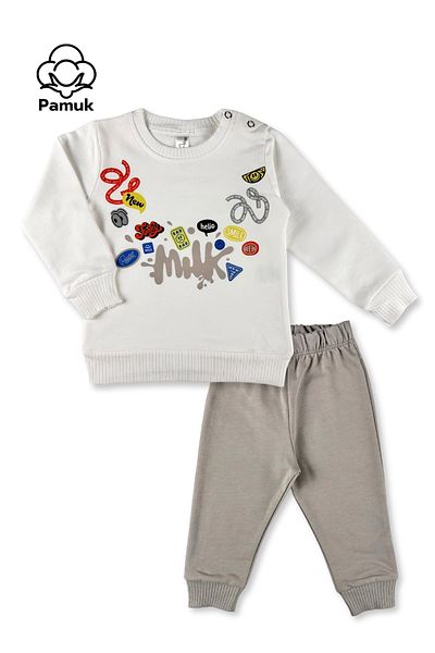 difa kids Milk Printed Ecru Unisex Seasonal Suit Set for Baby Boys and Girls