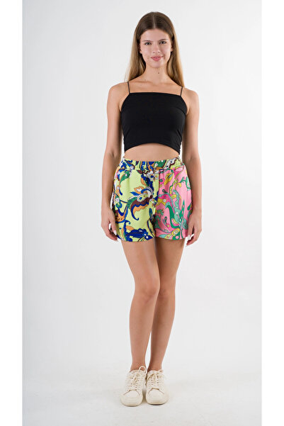 hazelin Women's Green Pink Elastic Waist and Tie Pocket Shorts Hzl24S-Yy226