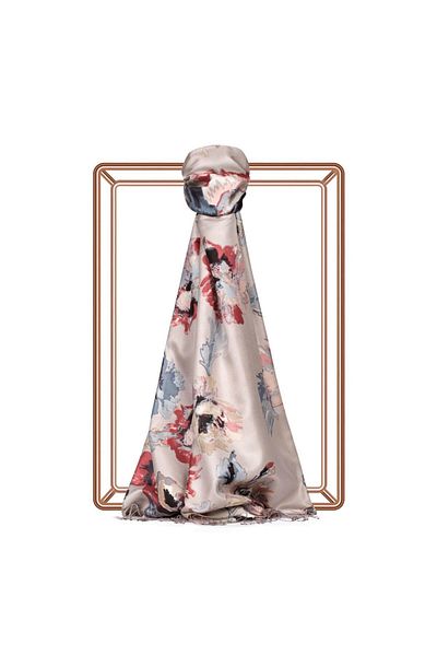 ipekevi Patterned Silk Shawl - Layered Peony Pattern - Silver