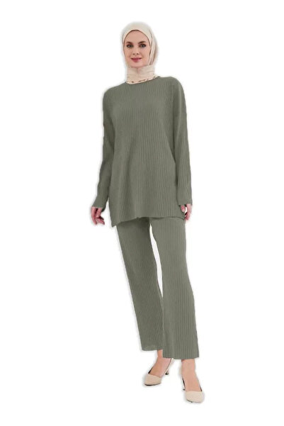 modaserdem Long Sleeve Organic Washed Fabric Ribbed Trousers Set - Green