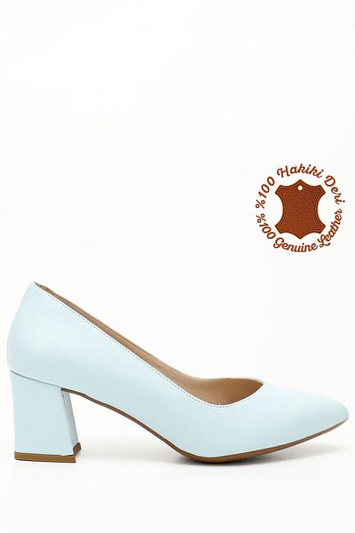 GÖNDERİ(R) Baby Blue Gön Γνήσιο δέρμα με μυτερή μύτη Γυναικεία παπούτσια με μεσαίο χοντρό τακούνι 24170