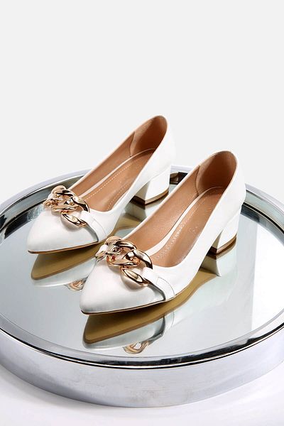 Ccway Women's Chain Casual Heeled Shoes White Skin
