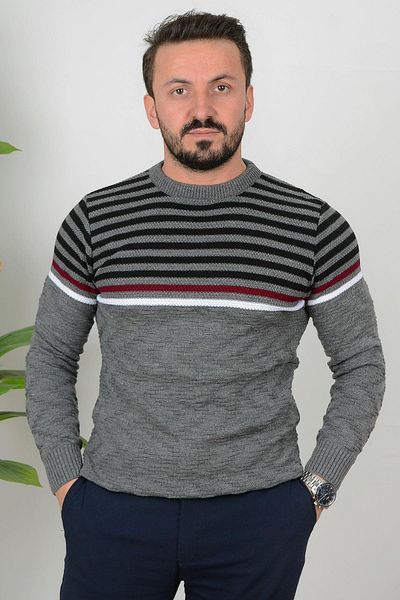 Edwox Мъжки раиран пуловер с кръгло деколте, в сив цвят, Edw019