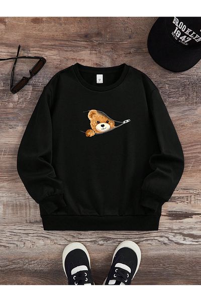 LePold Negru Crew Gât Teddy Bear Fermoar Imprimat Fete/Băieți Sweatsihrt