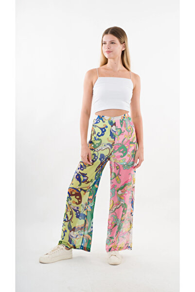 hazelin Women's Green Pink Patterned High Waist Wide Leg Trousers Hzl22S-Yy284